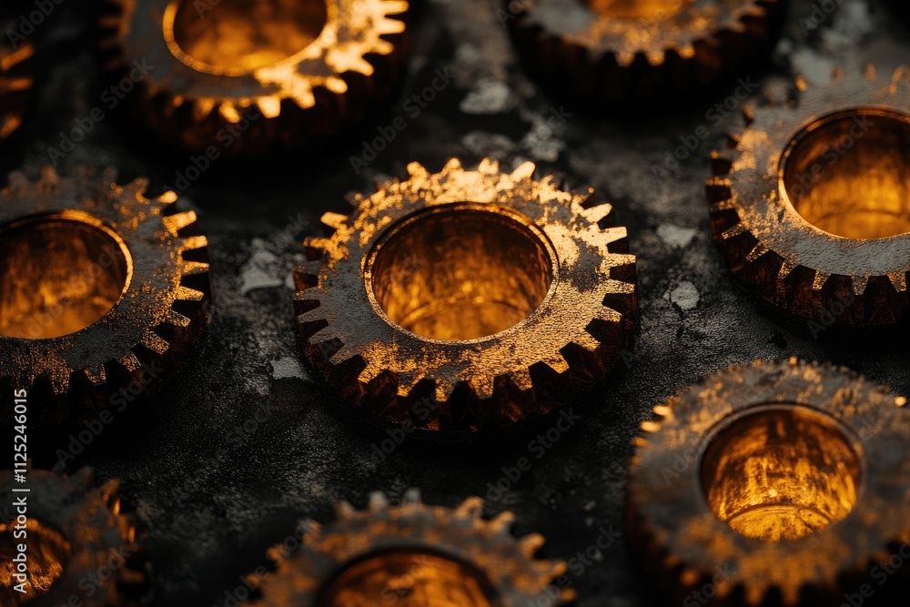 Poster interlocking bronze gears rotating smoothly on dark background