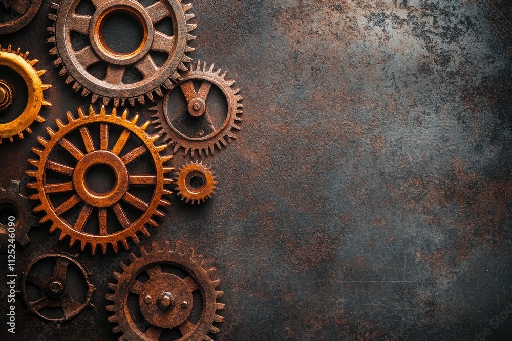Poster rusty gears creating a steampunk background on metallic surface