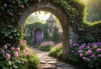 Fototapeta premium a illustration of archway landscape allotment fairy