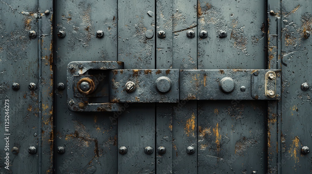 Poster detailed close-up of a locked metal storage unit with rust and texture