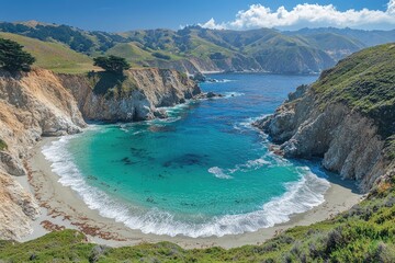Obraz premium Turquoise water crashing on secluded mcway cove beach in big sur, california