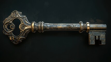 Detailed Antique Metal Key with Intricate Design and Texture on Dark Background