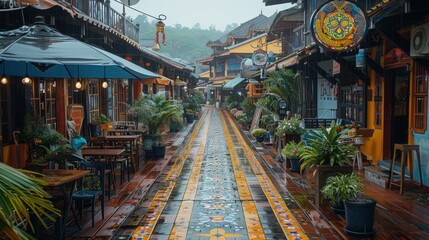 Rainy Day at Colorful Asian Market Street Travel Culture Architecture