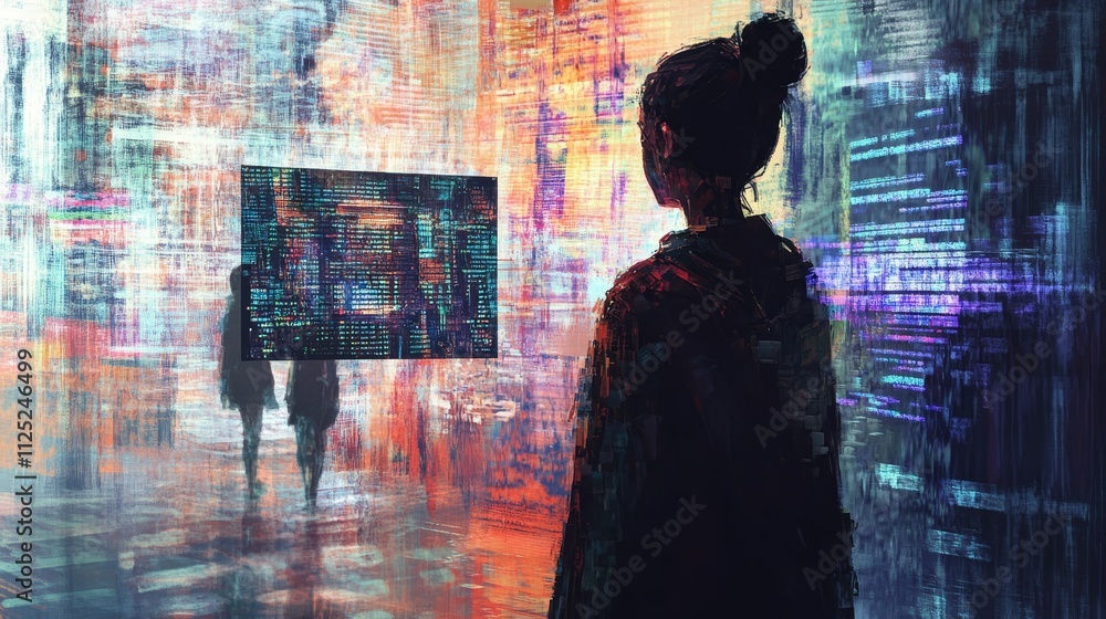 Poster abstract figure observes colorful digital data streams.