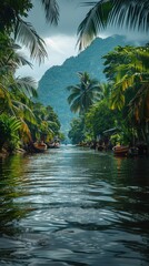 Fototapeta premium Scenic Mekong River Cruise Tropical Landscape Boats Lush Green Foliage Mountains