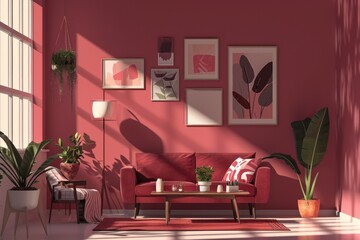 Minimalist Maroon Living Room Interior with Gallery Wall and Plants