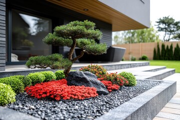 Beautiful modern backyard garden landscaping with decorative pine tree, red flowers and black pebbles