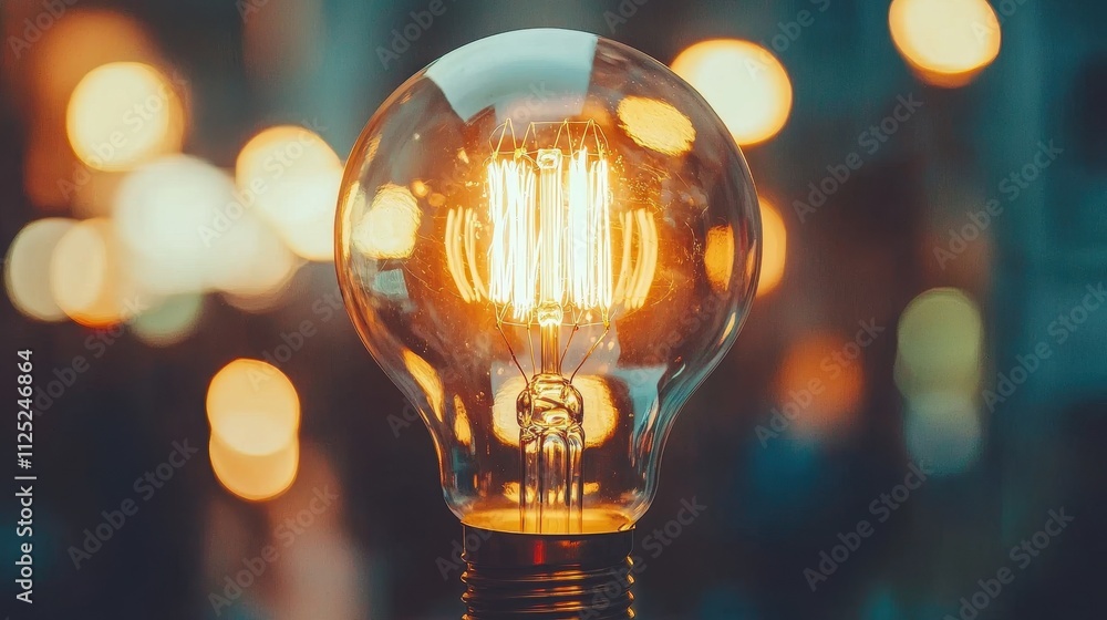 Poster glowing light bulb with filament illuminating in a soft bokeh background