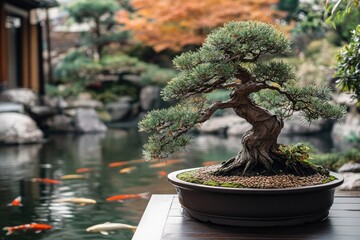 Bonsai tree growing in a traditional japanese garden near a pond with koi fish