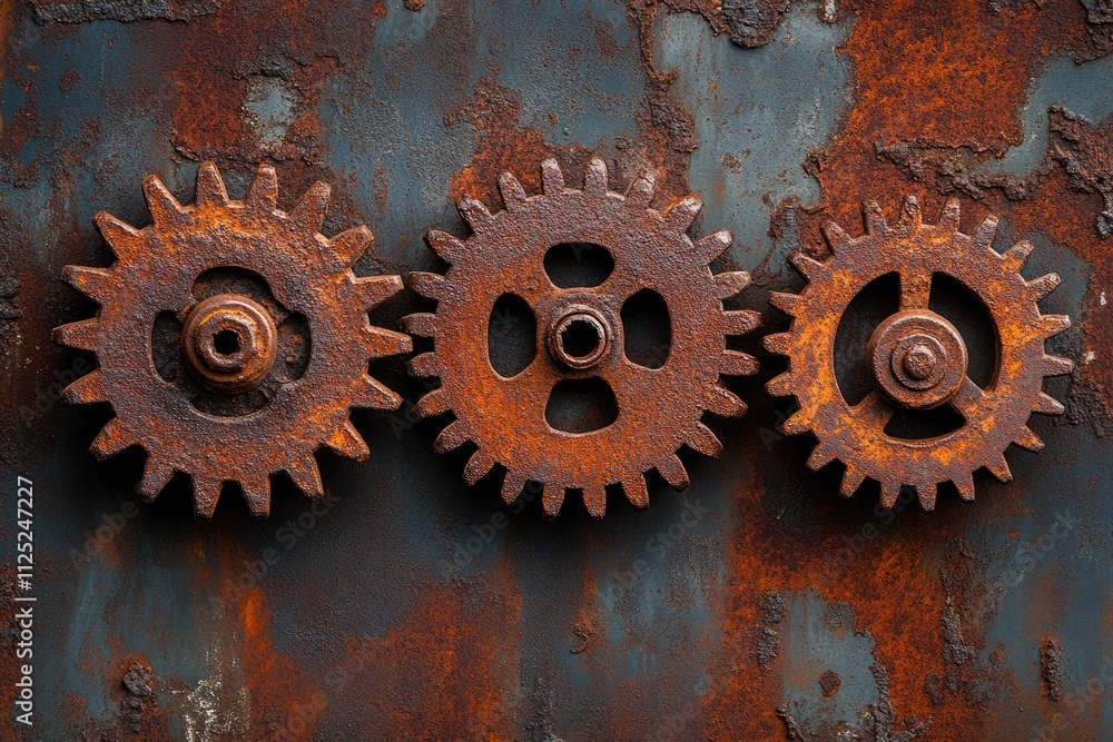 Aufkleber rusty gears representing teamwork and industrial collaboration on metallic background