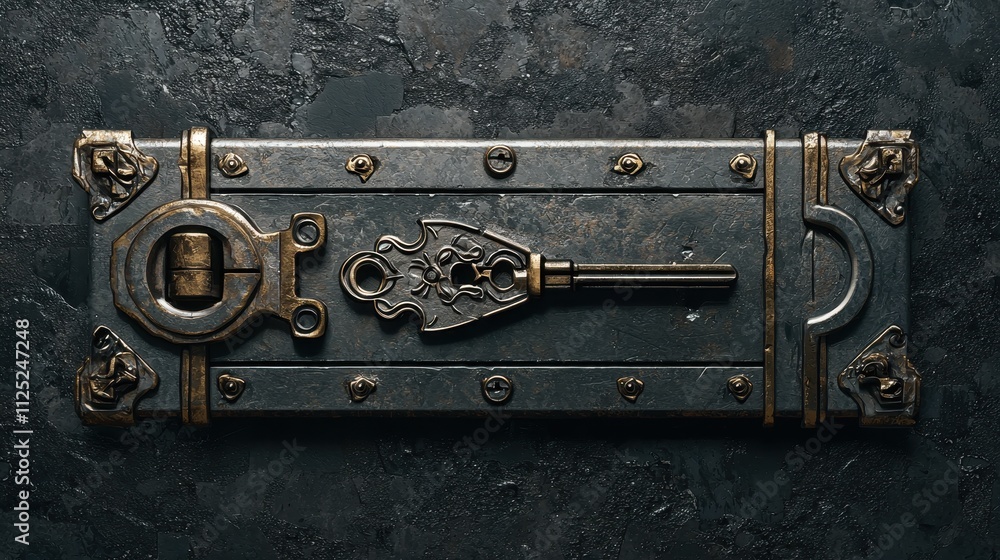 Poster detailed view of antique metal lock with key inserted, showcasing function and design elements