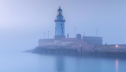 Fototapeta premium A lighthouse illuminates the foggy sea, symbolizing loneliness and hope in a striking scene