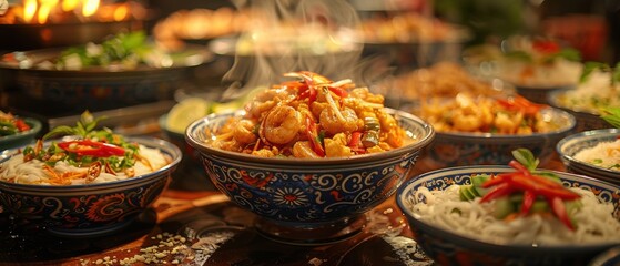 Obraz premium Delicious Cambodian Cuisine Amok Lok Lak and Rice Noodles