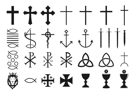 Christianity vector symbol set. Cross crusifix. Nehushtan bronze snake. Bread miracle. Ichthys and trinity sign. Lion of judah logo. Chi rho sign. Anchor and communion chalice cup symbol