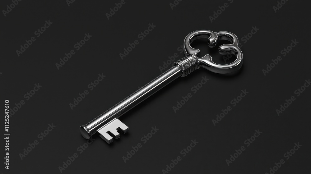 Poster shiny silver key placed on a smooth dark surface representing concepts of unlocking and potential