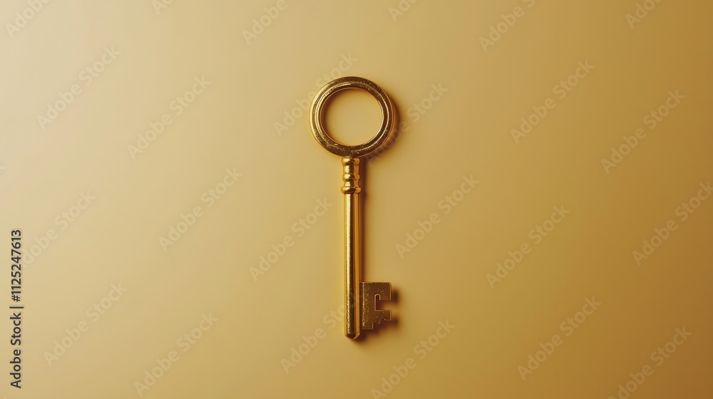 Poster shiny golden key isolated on a plain background for use in creative projects and designs