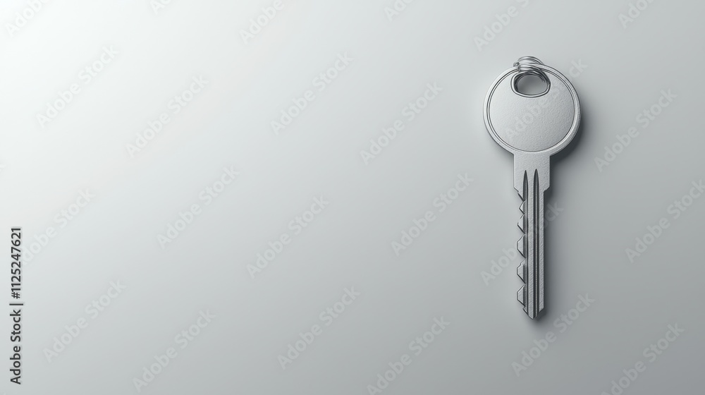 Poster silver key isolated on a white surface for conceptual representation of security and access