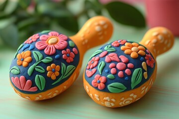 Fototapeta premium Colorful decorative maracas adorned with floral patterns, showcasing craftsmanship.