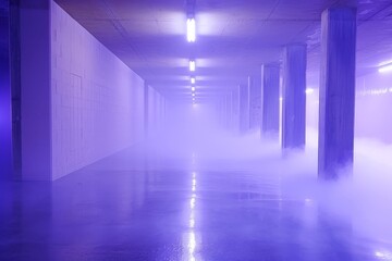 Mysterious dark corridor filled with smoke in a futuristic alien spaceship  sci fi horror atmosphere