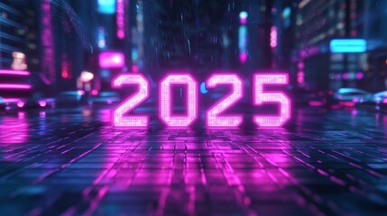 Naklejka premium Neon City 2025 - Futuristic city at night, vibrant neon lights, 2025 digital display, advanced technology, progress.