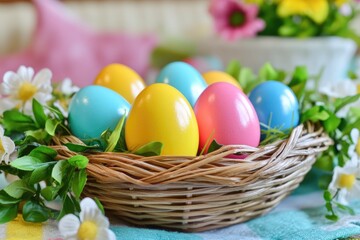 Colorful easter eggs nest celebrating spring festivities with painted eggs