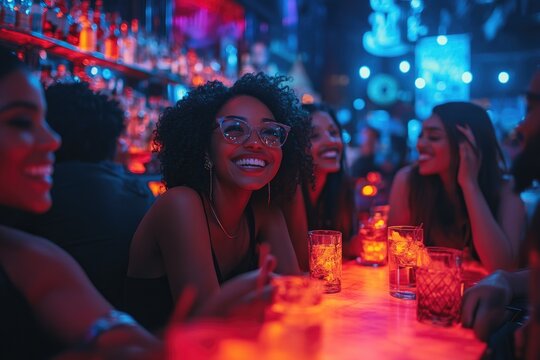 Cheerful friends enjoying drinks at illuminated bar counter in nightclub