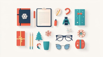 Colorful holiday-themed workspace supplies.