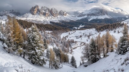 Top aerial view of snow mountain landscape with trees and road. Dolomites, Italy.