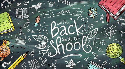 Back to school concept. Chalkboard background with hand drawn doodle elements