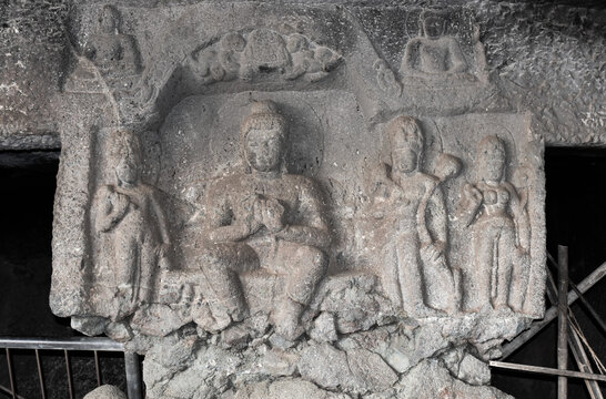 Ancient carved structure of the wall of cave chaitya, Karla caves (Lonavala, Maharashtra)
