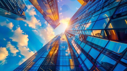 Plakat Bottom view of modern skyscrapers in business district at sunny day