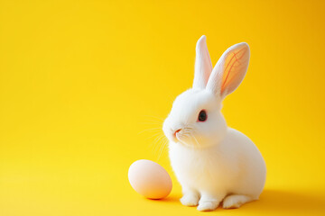 Obraz premium Cute white rabbit sits beside an egg on a bright yellow background for a joyful spring celebration