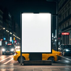 Urban night scene, illuminated blank billboard, yellow taxi cab, city street, neon lights, car...