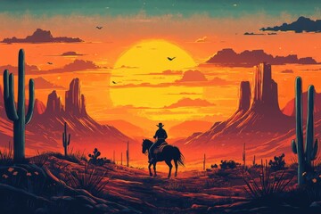 Fototapeta premium Cowboy riding horse in monument valley at sunset