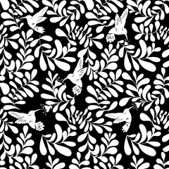Seamless pattern with leaves, flowers and small birds. Spring pattern