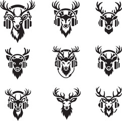 Deer Face Vector Logo with Headphones for Music Lovers. 