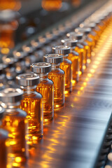 Close-Up View of Glowing Amber Bottles on Industrial Production Line in Pharmaceutical Manufacturing Process with Warm Reflections and Illumination