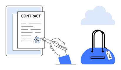 Hand signing a contract, tablet underneath, blue handbag with price tag, cloud in the background. Ideal for business agreements, legal documents, online shopping, e-signatures, digital transactions