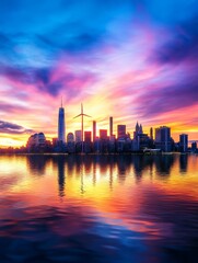 Obraz premium New York City Skyline: A Sustainable Future - Vibrant sunset over a modern city skyline, featuring wind turbines symbolizing clean energy, a calm river reflecting the city lights, progressive architec