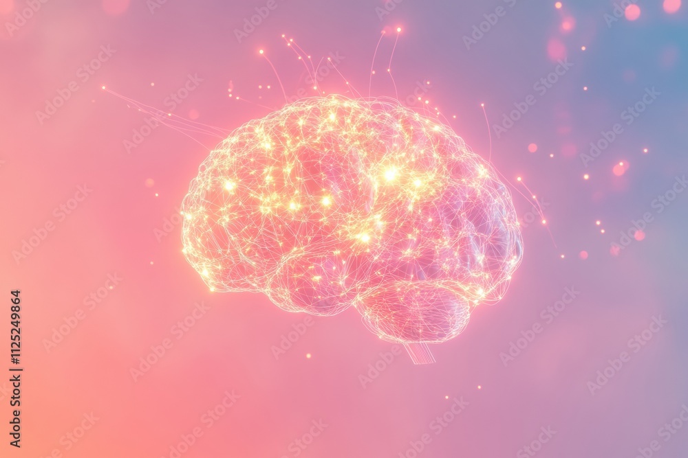 Poster A glowing representation of a brain made of light points and lines offers an empty space for text, ideal for educational or artistic projects. Generative AI