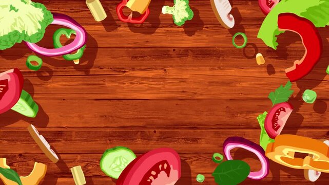 Vegetables fly from the center of the frame towards camera and stop. Animated frame of sliced vegetables rotating in 3d space on a wooden desk background. Place for text or logo.