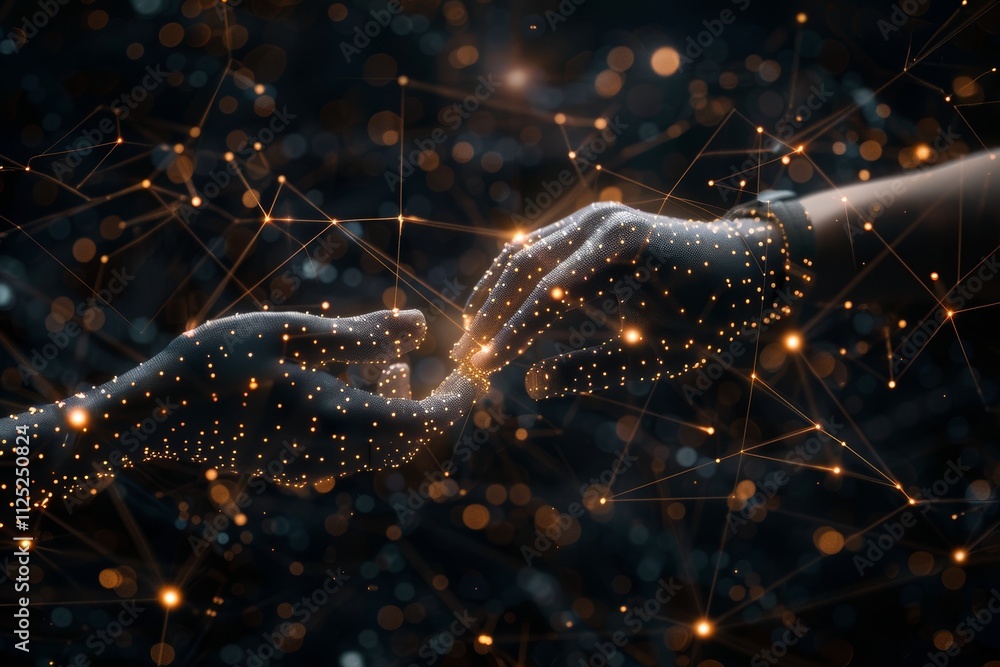 Poster human and robot hands connecting in big data network ai technology and futuristic innovation