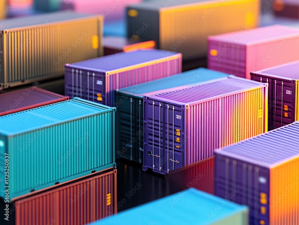 Poster colorful shipping containers in an urban environment with reflections and modern lighting creating a