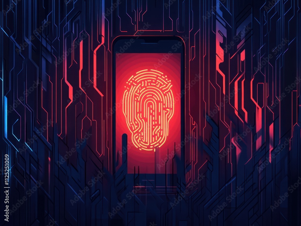 Aufkleber abstract digital composition featuring a smartphone displaying a glowing fingerprint on a dark backg