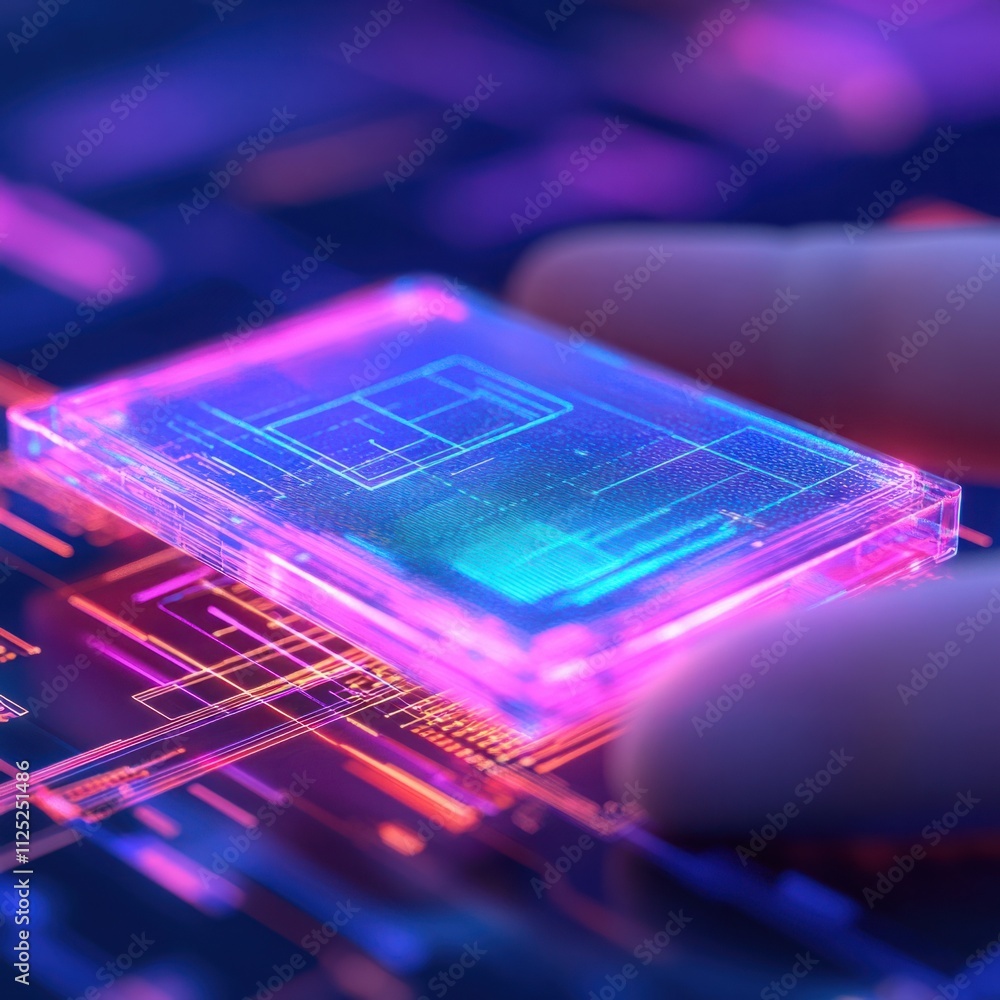 Poster futuristic microchip technology surrounded by neon glow on digital circuit board with close-up view 