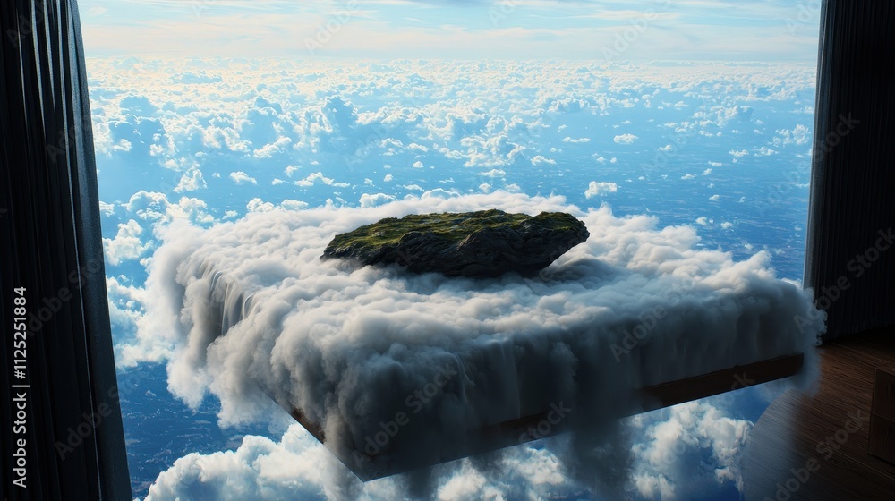 Poster a small island is floating in the clouds above a wooden table