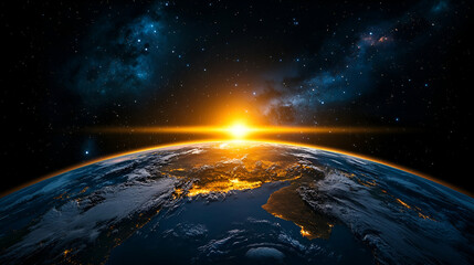 Fototapeta premium A breathtaking view of Earth from space, showcasing a stunning sunrise with vibrant colors against a starry backdrop.