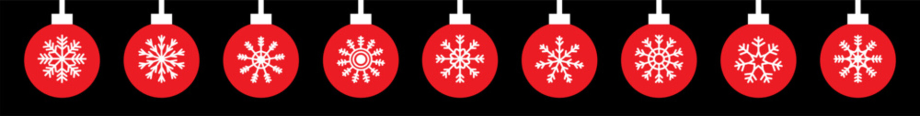 Christmas tree toy decoration. Christmas ball set. Red color, snow flake pattern. Round shape. Cute colorful bauble toy collection. New Year sign symbol. Flat design. Black background. Vector