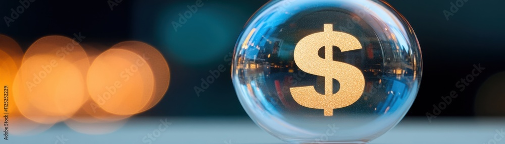 Poster golden dollar symbol inside a transparent sphere with soft focus background lights representing weal