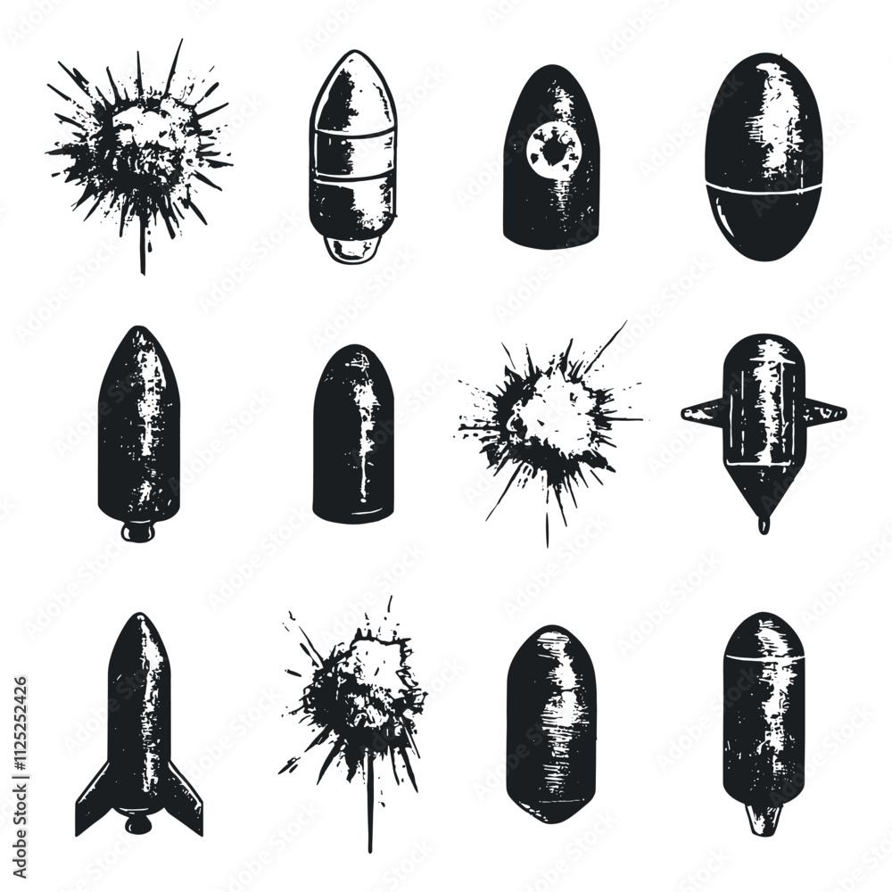 Poster various bombs and explosions linocut print style vector illustrations unique artwork creative design